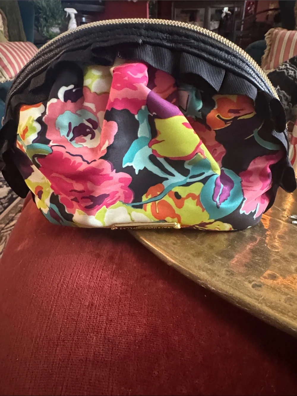 Betsey Johnson Black Floral Cosmetic Bag with Bright Multi-Color Blooms
